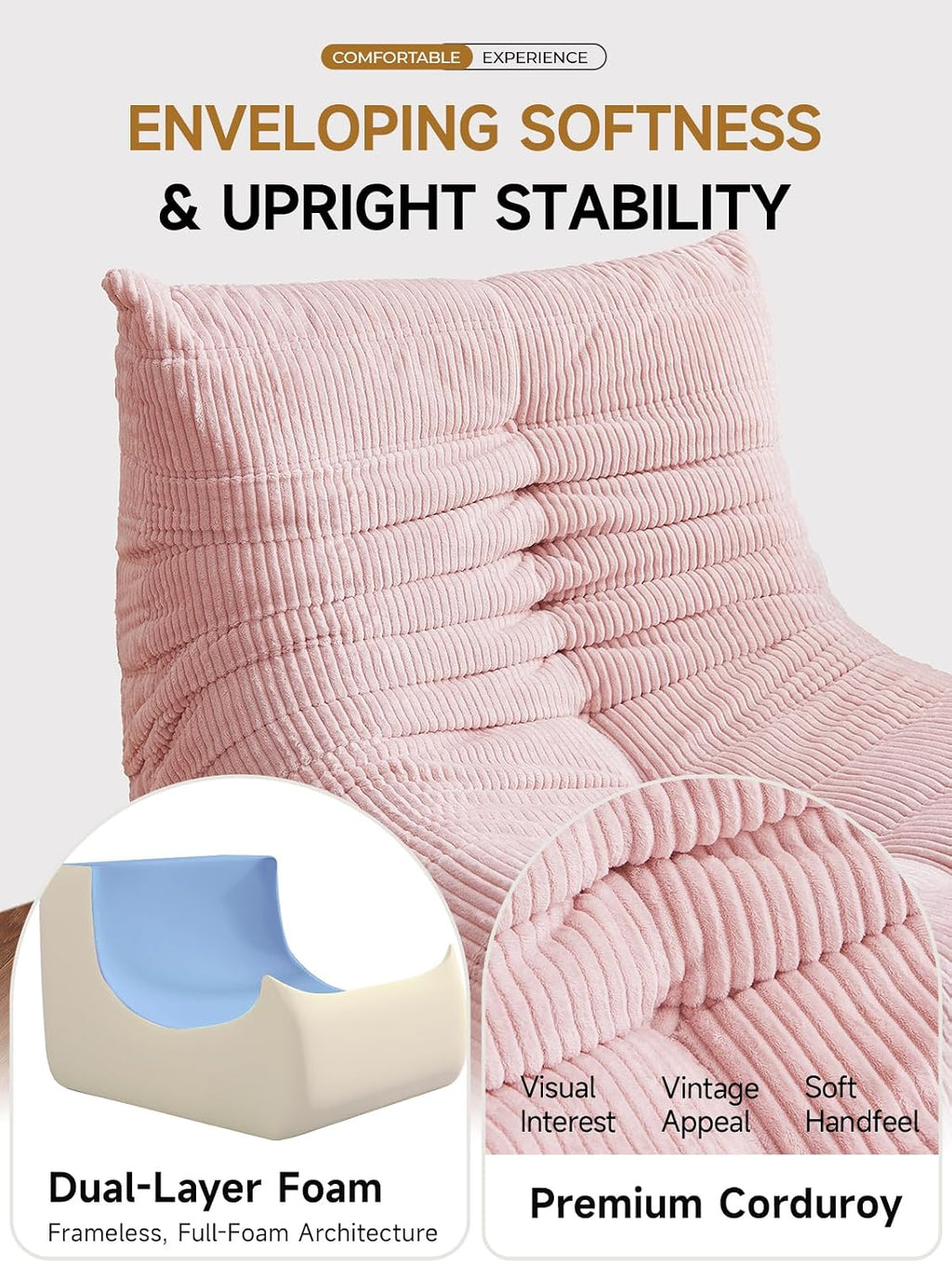 ZCUBED Large Bean Bag Chairs for Adults, Memory Foam Lounge Chair, Soft Corduroy Big Bean Bag Chair Lazy Sofa, Comfy Floor Beanbag Chair Single Sofa for Bedroom Living Room Fireside Book Nook, Pink