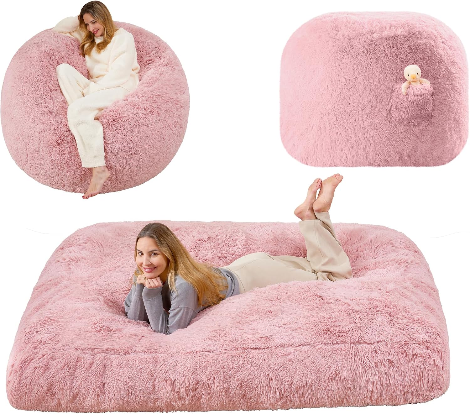 Pink Bean Bag Bed Giant Bean Bag Chairs for Adults, Large Floor Mattress Convertible Sofa Bed, Big Bean Bag Chairs Couch, Removable Sofa Bed Chair Foam Filling, Machine Washable, Queen
