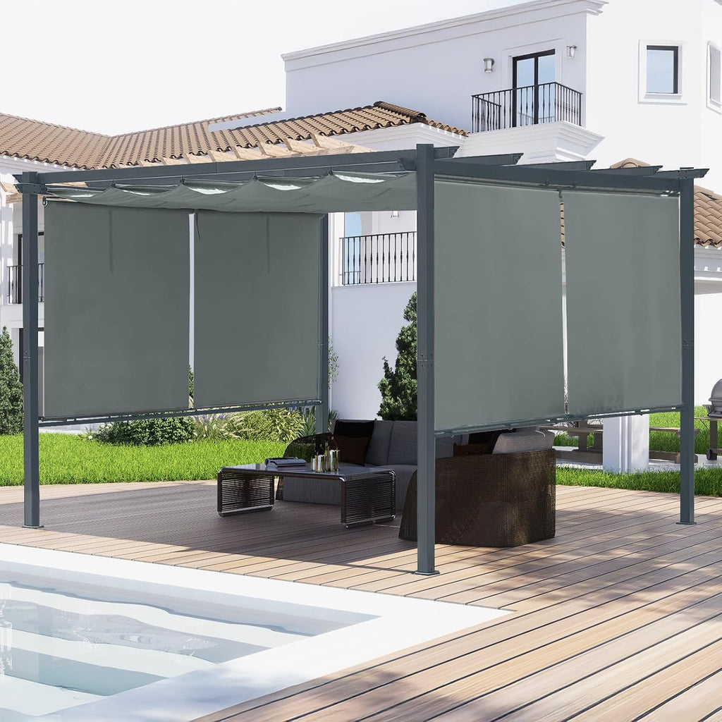 Aoodor 10 x 12 ft Outdoor Pergola with Retractable Shade Canopy, Matte Aluminum Frame, 4 Roller Shade Curtains, Grape Trellis for Patio, Backyard, Garden, and Deck, Grey