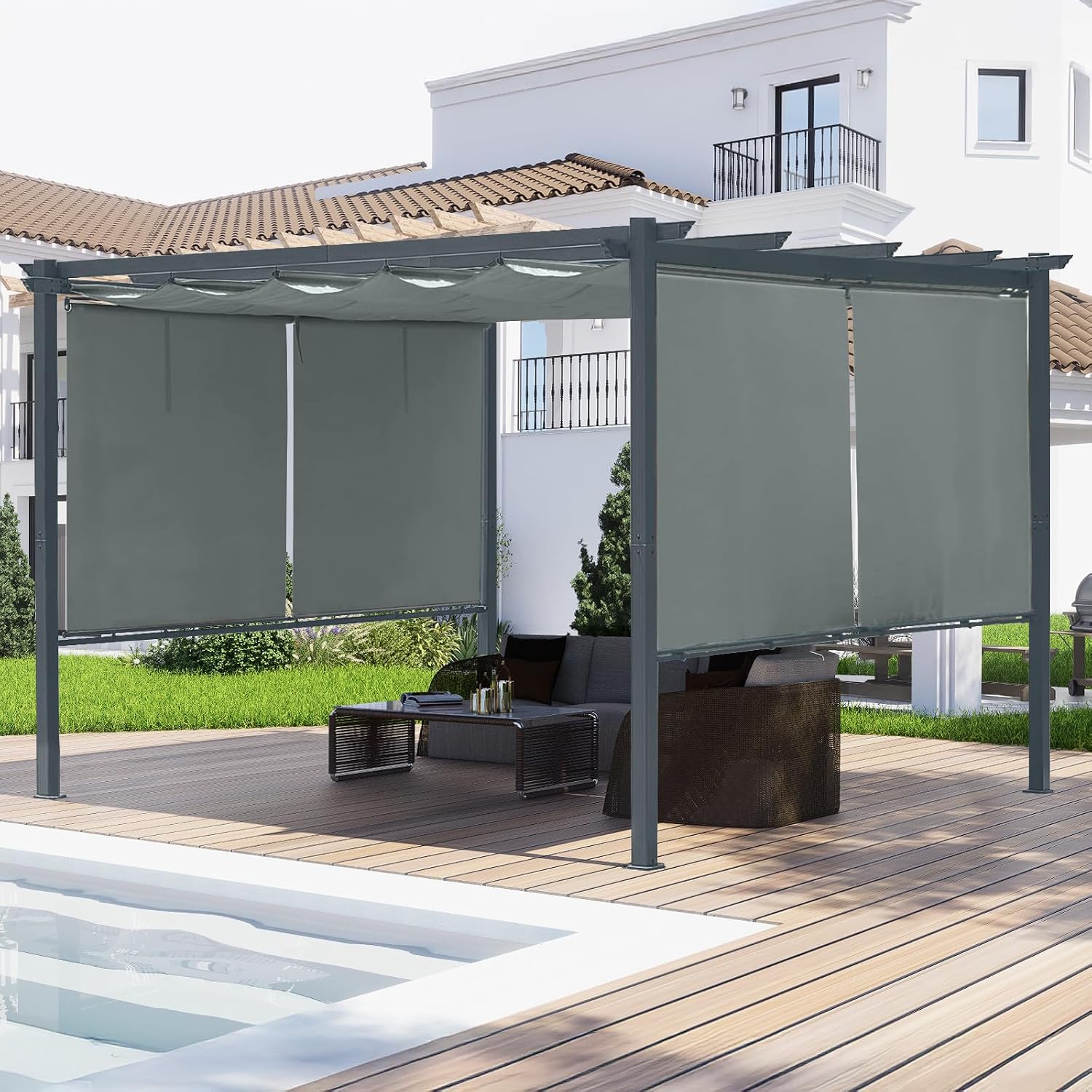 Aoodor 10 x 12 ft Outdoor Pergola with Retractable Shade Canopy, Matte Aluminum Frame, 4 Roller Shade Curtains, Grape Trellis for Patio, Backyard, Garden, and Deck, Grey
