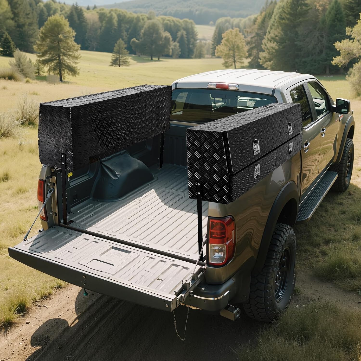VEVOR Contractor Truck Tool Box, 81.5 x 21 x 13 in, Black Tread Aluminum TopSider Toolbox with Two Lower Drawers, Flip Up Door, Weather-Resistant Heavy Duty Storage Box, with Latch, for Truck Bed