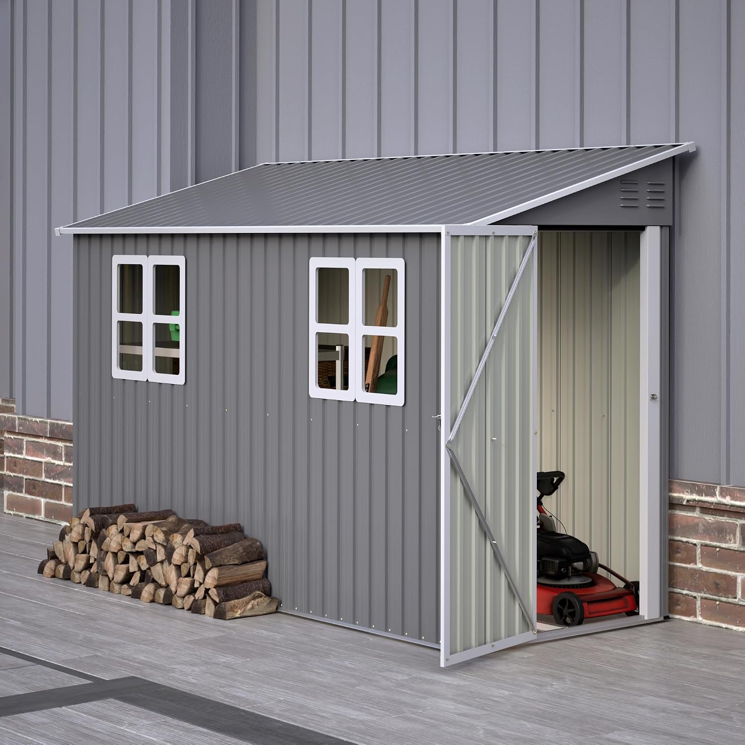 YOPTO 4x10 FT Lean to Outdoor Storage Shed with Floor Kit,Metal Shed W/Left/Right Optional Lockable Door & 2 Windows,Garden Tool Storage House W/Air Vents & Sloping Roof,for Backyard,Patio,Gray