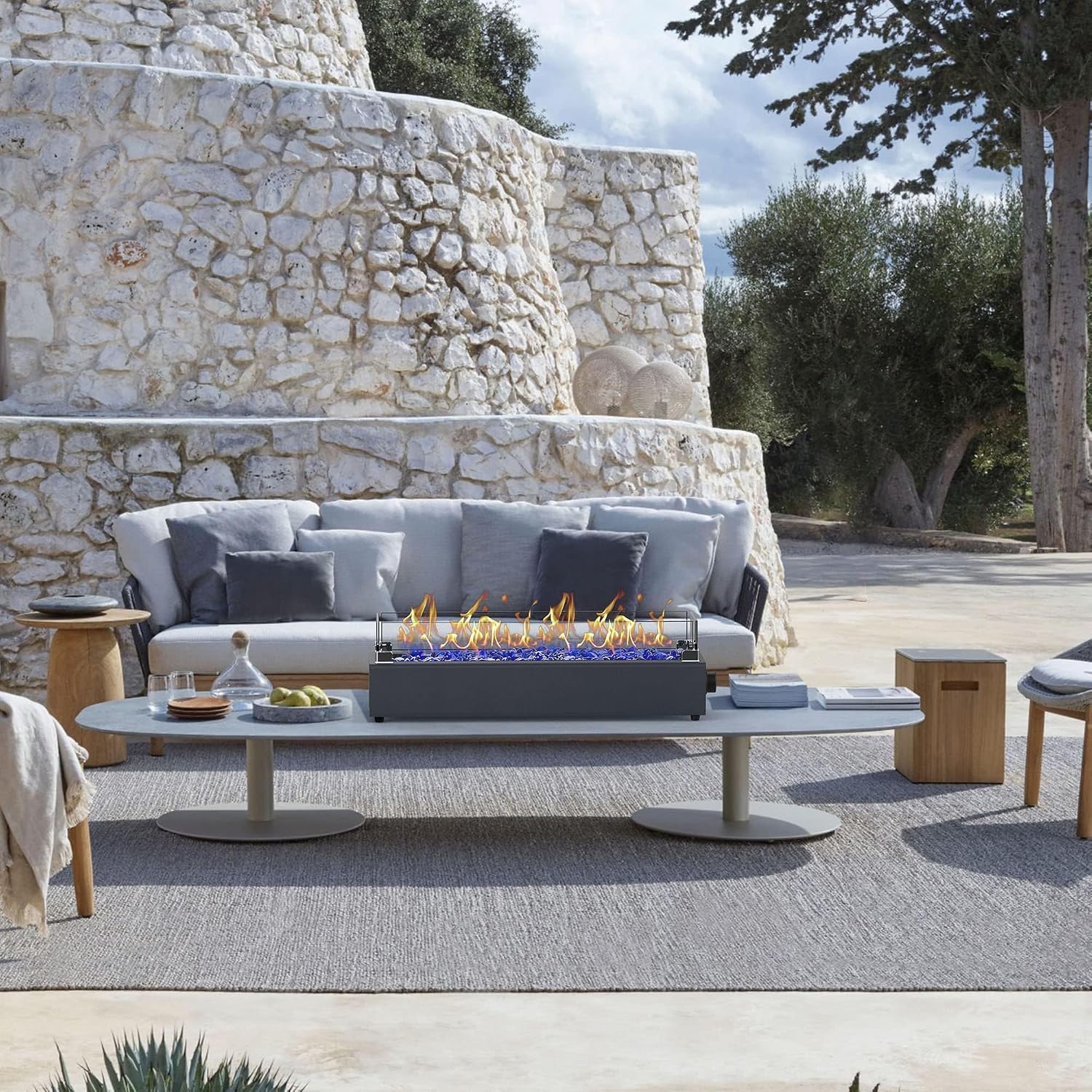 28-inch Table Top Propane Fire Pit, 40,000 BTU Tabletop Firepit for Patio, Outdoor Portable Rectangular Fire Bowl w/Wind Glass Shield, Glass Rocks - Carbon Gray