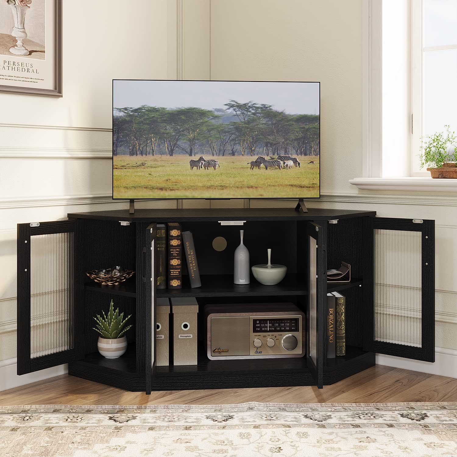Panana Corner TV Stand - 47 Inch Media Console with 4 Doors and Shelves, Living Room Storage Entertainment Center for TVs up to 51 Inch (Black)