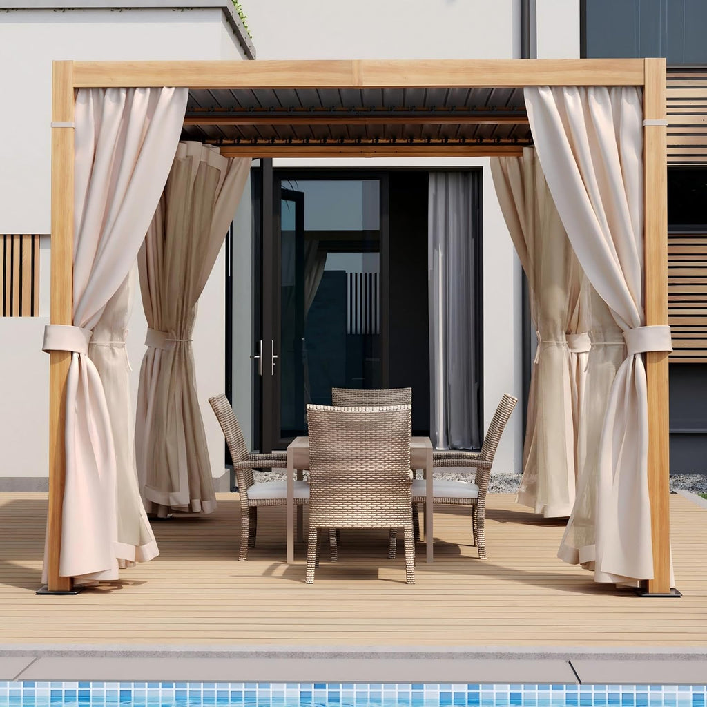 HAPPATIO Louvered Pergola 10' x10' Outdoor, Woodgrain-Look Aluminum Frame with Adjustable Rainproof Roof, Patio Pergola with Curtains and Mosquito Nets, Aluminum Frame for Patio, Backyard, Deck