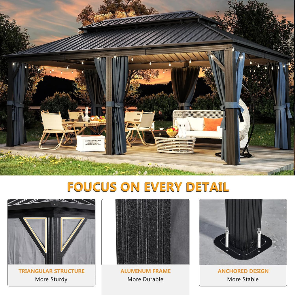 Hardtop 12 X 20FT, Galvanized Steel Dual-Layer Top, Aluminum Metal Gazebo with Netting and Curtains, Permanent Gazebo Pavilion for Party