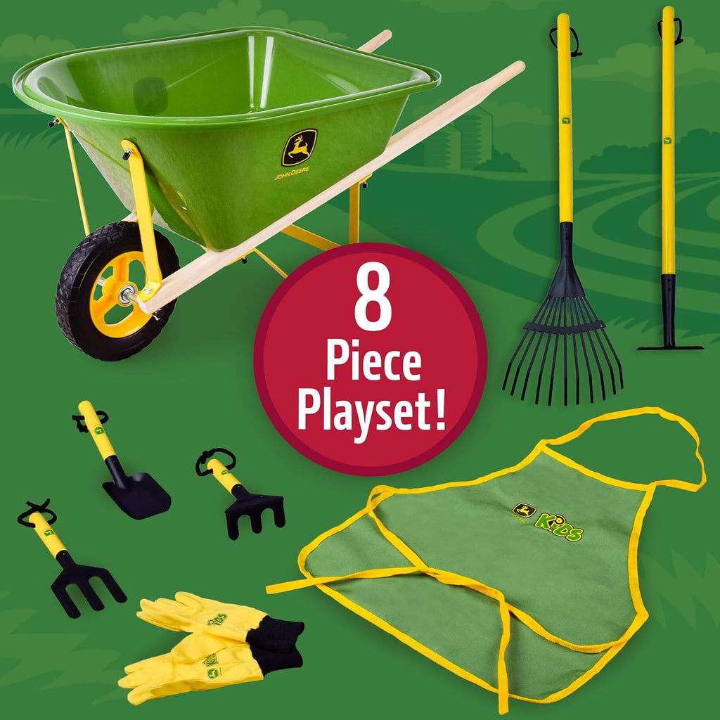 John Deere Deluxe 34' Wheelbarrow and Garden Set Includes 5 Realistic Gardening Tools,Gardening Apron, Gardening Gloves, Large Metal Wheelbarrow with Wooden Handles, Outdoor Toy Ages 5+
