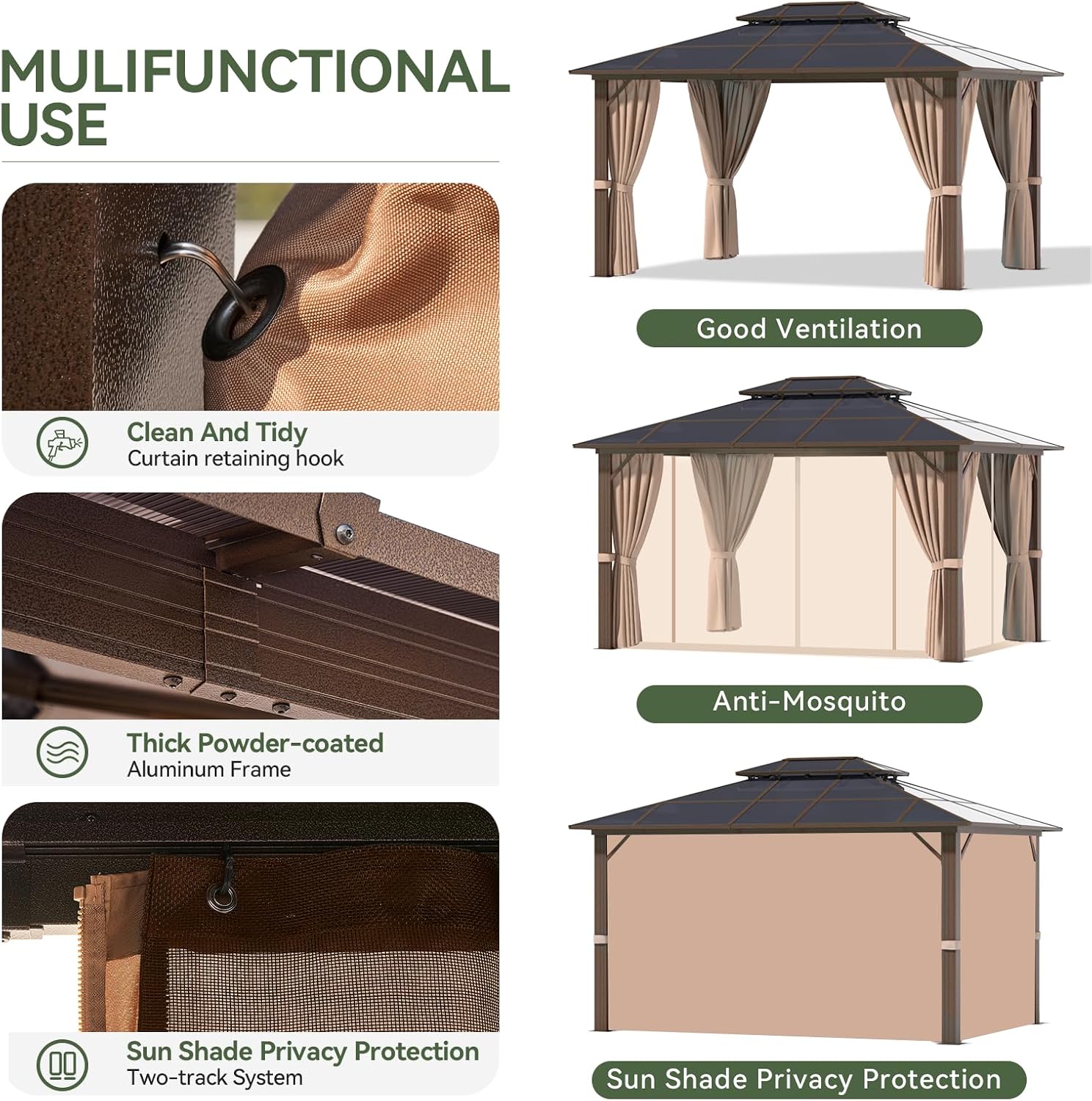 Aoxun 10'x12' Hardtop Gazebo, Aluminum Frame Permanent Pavilion with Curtains and Netting, Outdoor Polycarbonate Gazebo, Double Roof Canopy, for Gardens, Patios, Lawns