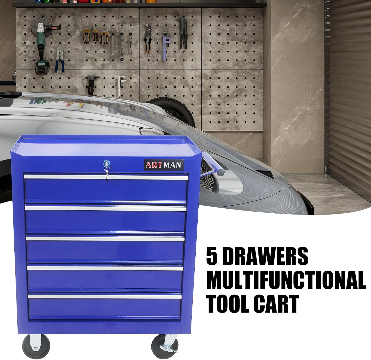 5-Drawer Heavy-Duty Rolling Tool Chest with Wheels, Steel Storage Organizer Cart with Handle, Metal Tool Cabinet for Garage, Workshop, and Repair Shop