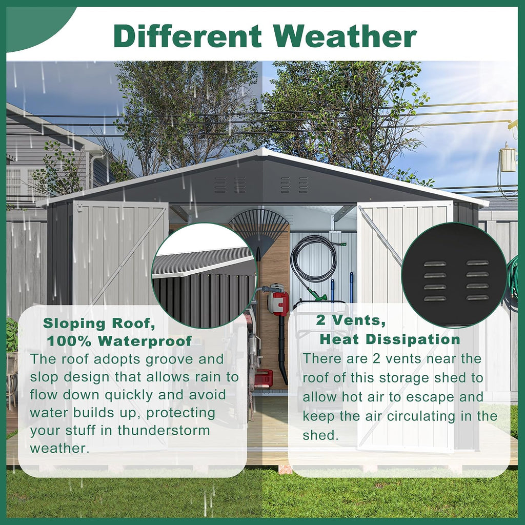ZeHuoGe Outdoor Storage Shed 10 x 12 FT, Utility Metal Tool Storage with Lockable Doors, Large Metal Garden Shed for Backyard, Patio Lawn