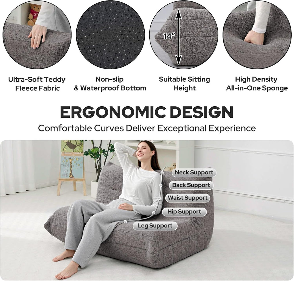 HABUTWAY Bean Bag Chairs Fireside Lazy Floor Sofa, Soft Teddy Fleece 2 Seater Sofa with High-Resilience Foam Filling，Beanbag for Living Room, Bedroom, Office (Dark Grey Teddy)