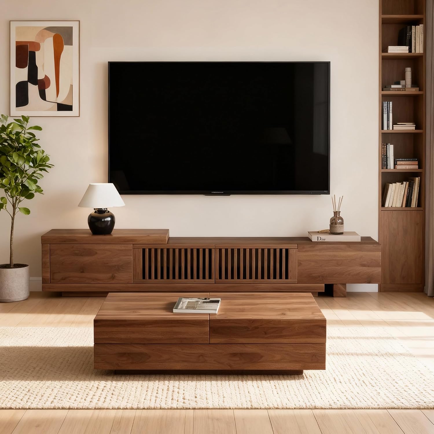 78.5'-105' Mid-Century Modern Extendable TV Stand, Walnut Media Console with 2 Drawers and 2 Cabinets, Fits TVs up to 100 Inches for Living Room or Bedroom