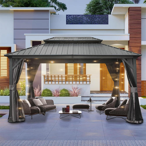 10' x 12' Hardtop Gazebo, Outdoor Aluminum Gazebo with Galvanized Steel Double Roof Canopy, Outdoor Permanent Metal Pavilion with Curtains and Netting for Patio, Backyard and Lawn, Dark Grey