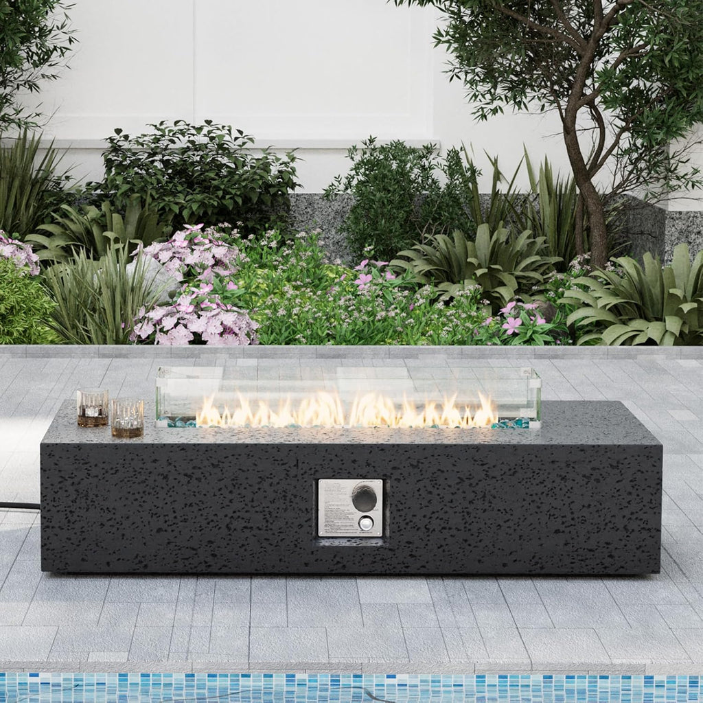 SUNBURY Outdoor Travertine Fire Pit Table, Propane Burning FirePit, 56x28 inch Square Patio Fire Table 50,000 BTU Fire Pit for Outside with Waterproof Cover and Blue Glass Stones, Light Gray
