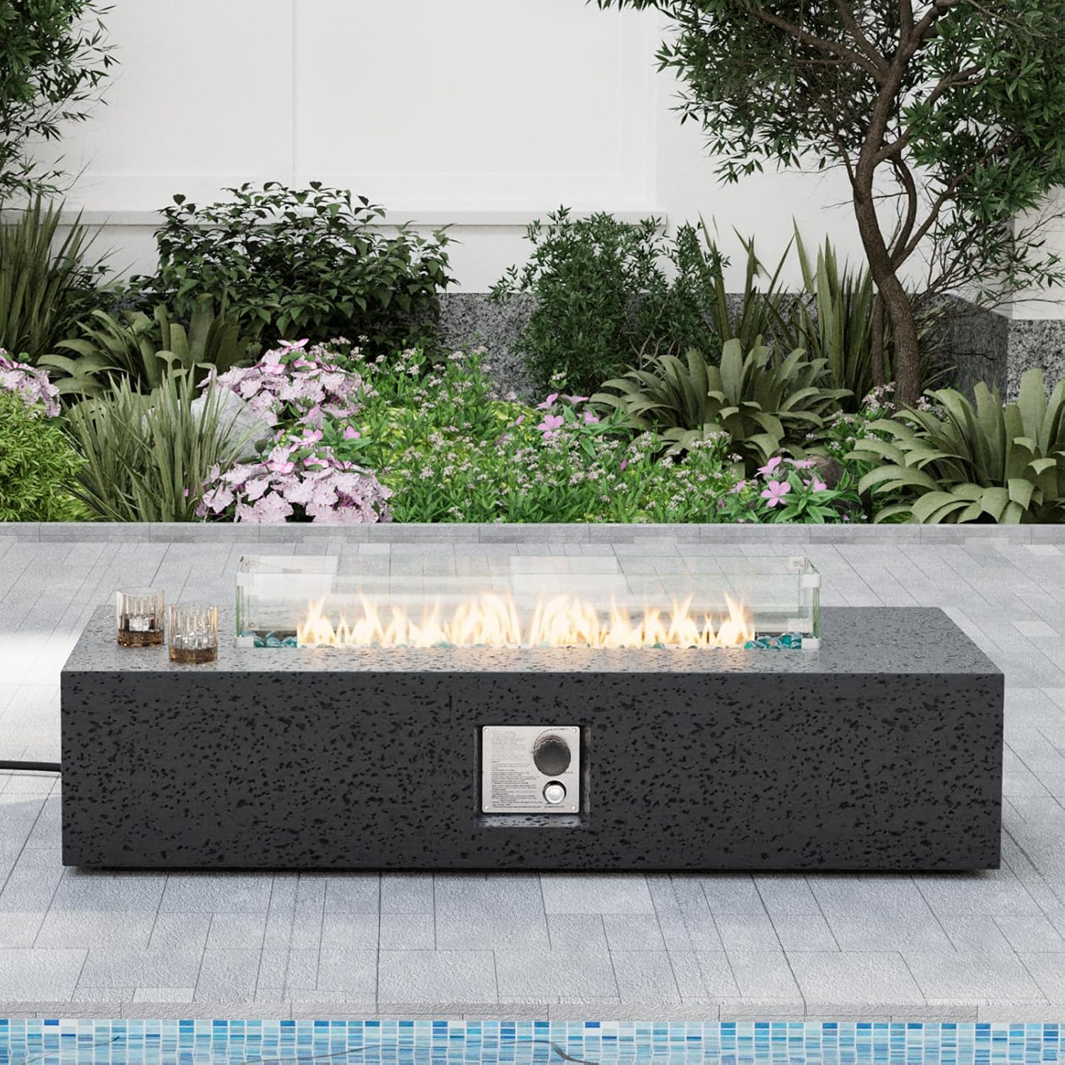 SUNBURY Outdoor Travertine Fire Pit Table, Propane Burning FirePit, 56x28 inch Square Patio Fire Table 50,000 BTU Fire Pit for Outside with Waterproof Cover and Blue Glass Stones, Light Gray