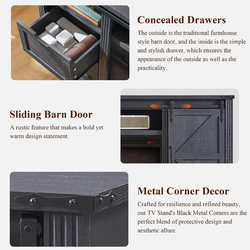 JXQTLINGMU Farmhouse TV Stand for 75+ Inch TV, 32' Tall Entertainment Center w/4 Drawers & Sliding Barn Door, Rustic Media Console w/Storage Shelves, 66' Wood Television Stand for Living Room, Black