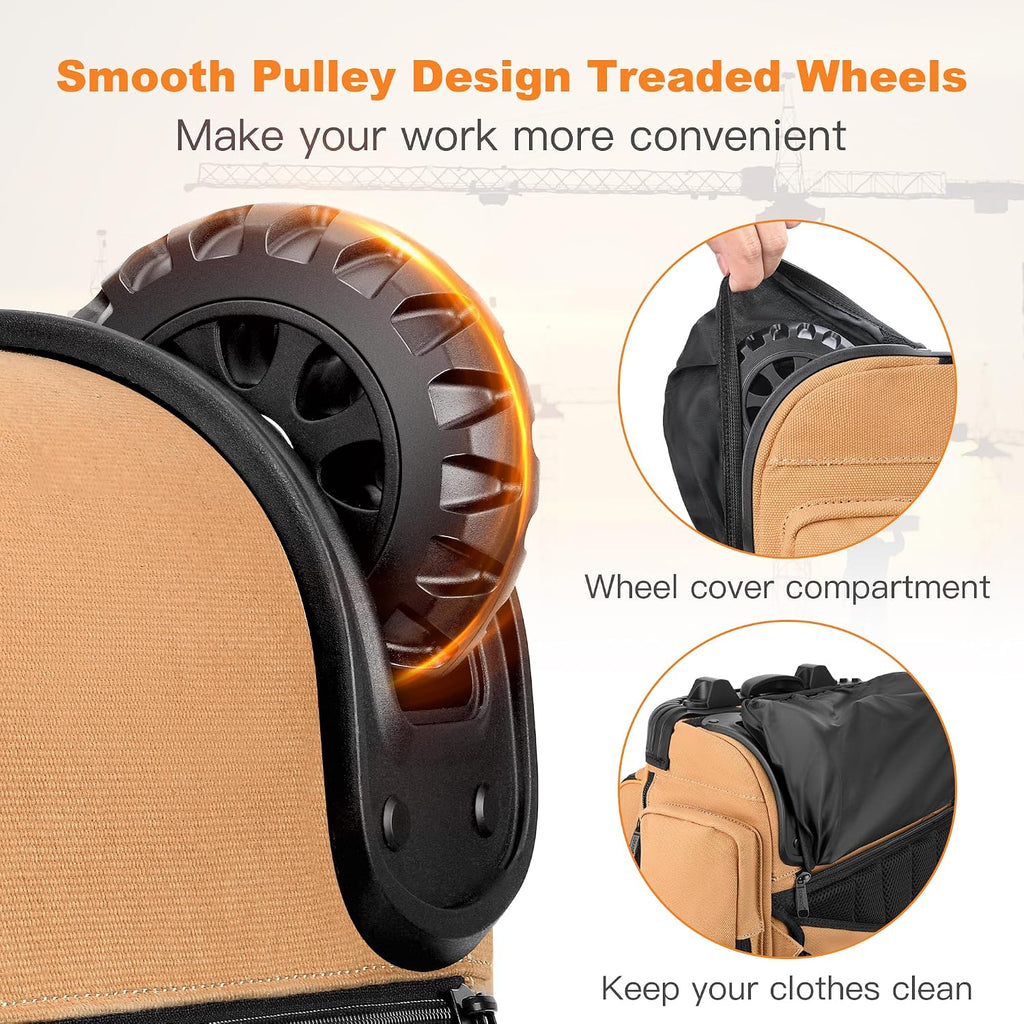 Backpack Tool Bag with Wheel, Rolling Tool Backpack for Electrician Heavy Duty Roller Tool Bag on Wheel for Construction Work, 75 Pockets & Loops Tool Backpack with Molded Base and Lock - Brown