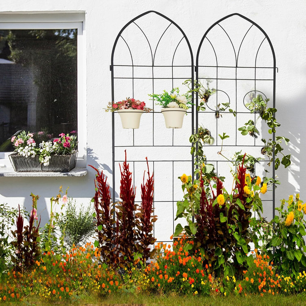 78.7'x80' 4 Pack Metal Garden Trellis with Galvanized Tube,Vines Plant Rose Vegetable Support,w/ 2 Pot Holders,Large Decorative Outdoor Trellis,for Backyard,Farm,Black