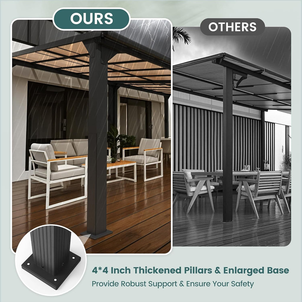 Pamapic 10 * 14FT Pergola,4 * 4 Inch Thickened Pillars & Enlarged Base,Outdoor Hardtop Lean to Gazebo,Wall Mounted Pergola,Pergolas Gazebos Clearance,Aluminum Frame Pergola,UV Resistant Patio Roof