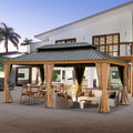 12x20Ft Hardtop Gazebo Wooden Coated Aluminum Frame Canopy Galvanized Steel Double Roof Outdoor Wood-Looking Permanent Metal Pavilion with Curtains and Netting for Patio Deck Lawn