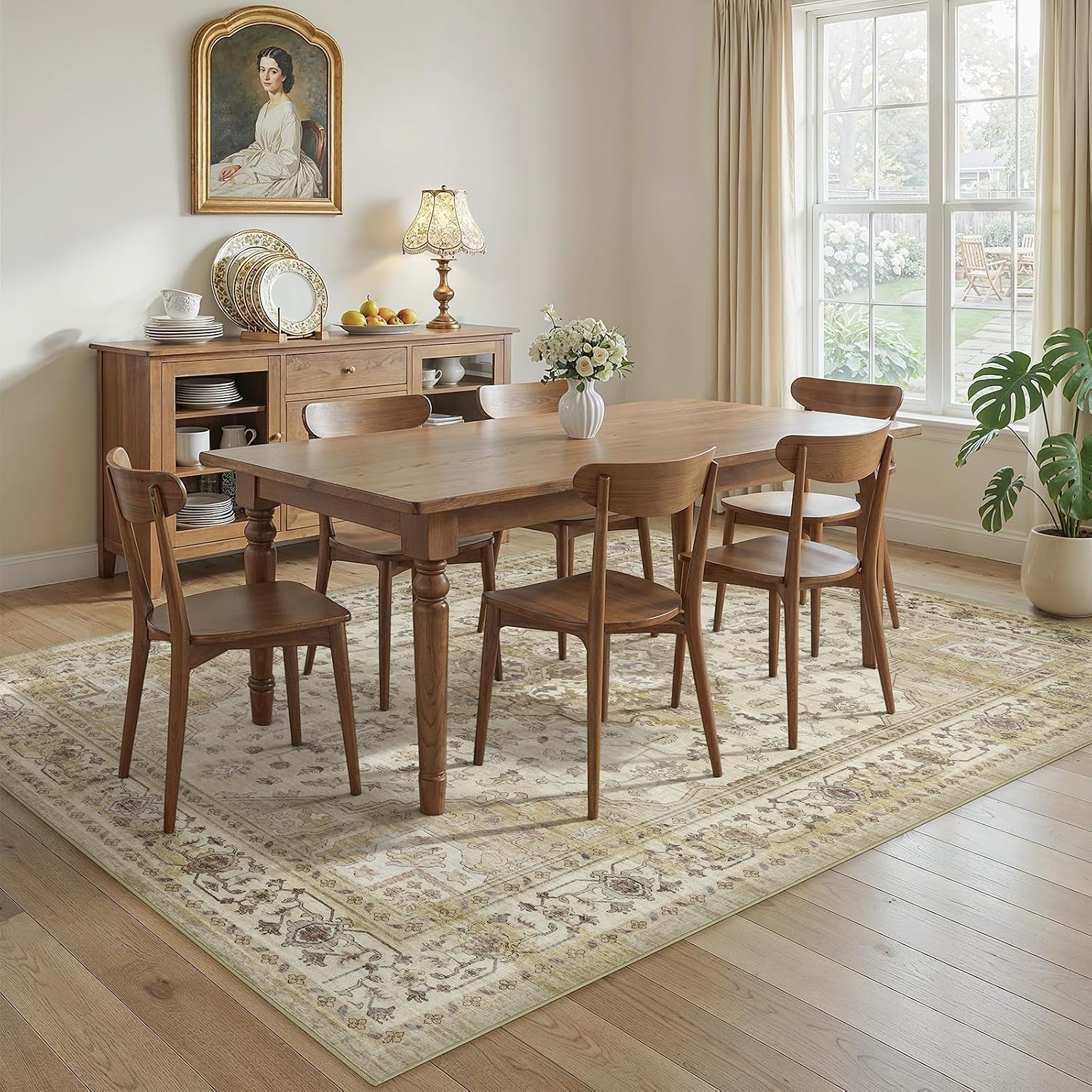 10x12 Living Room Area Rugs, Vintage Washable Rugs Non-Slip Large Carpet for Bedroom Office Dining Room Kitchen, Soft Thin Stain Resistant Retro Neutral Rug, Beige