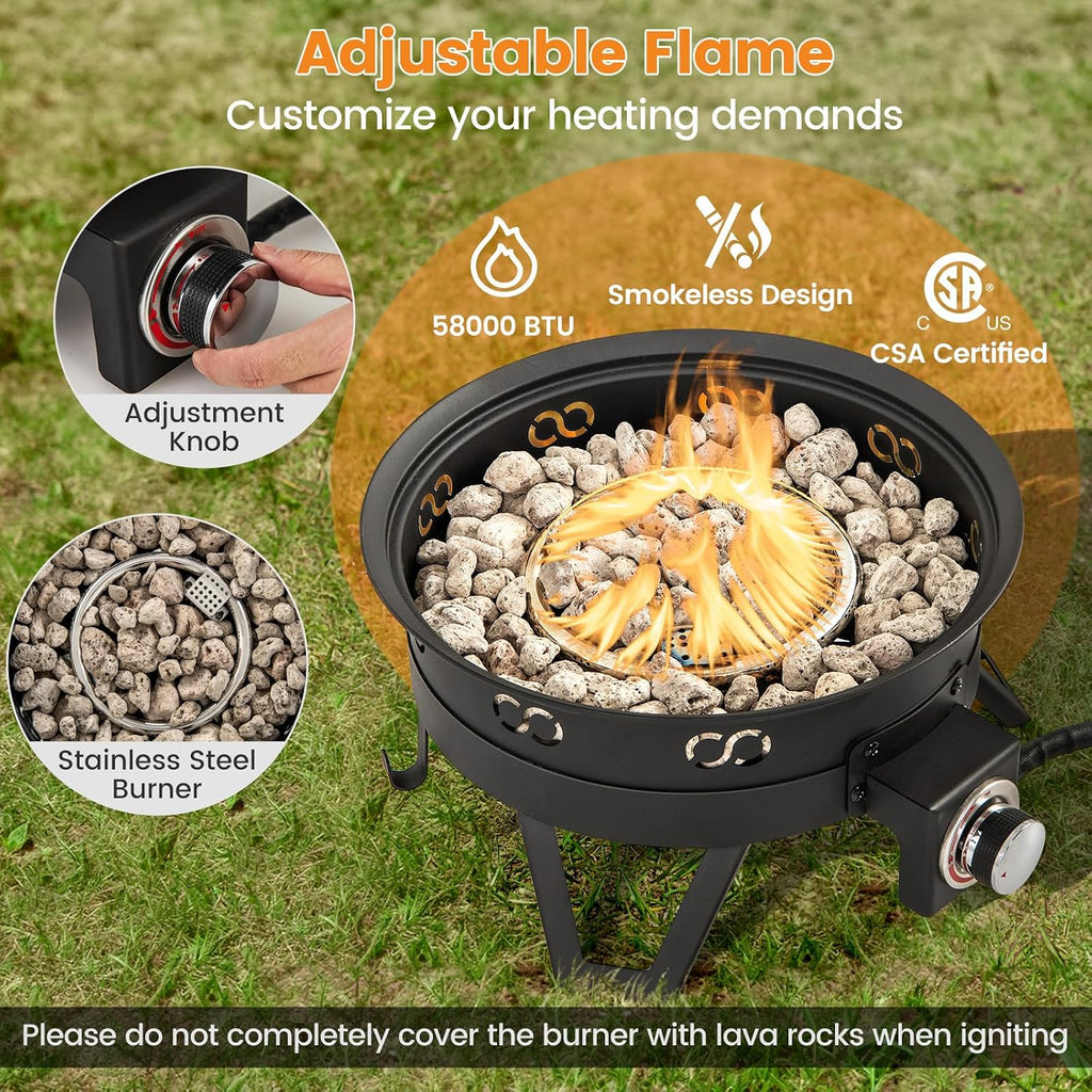 Giantex Portable Propane Fire Pit, 17' Small Outdoor Fire Bowl w/Foldable Legs, Round Fireplace with Lid, Removable Grill, Carry Bag, Lava Rocks, 58000 BTU Smokeless Gas Firepit for Outdoor Camping