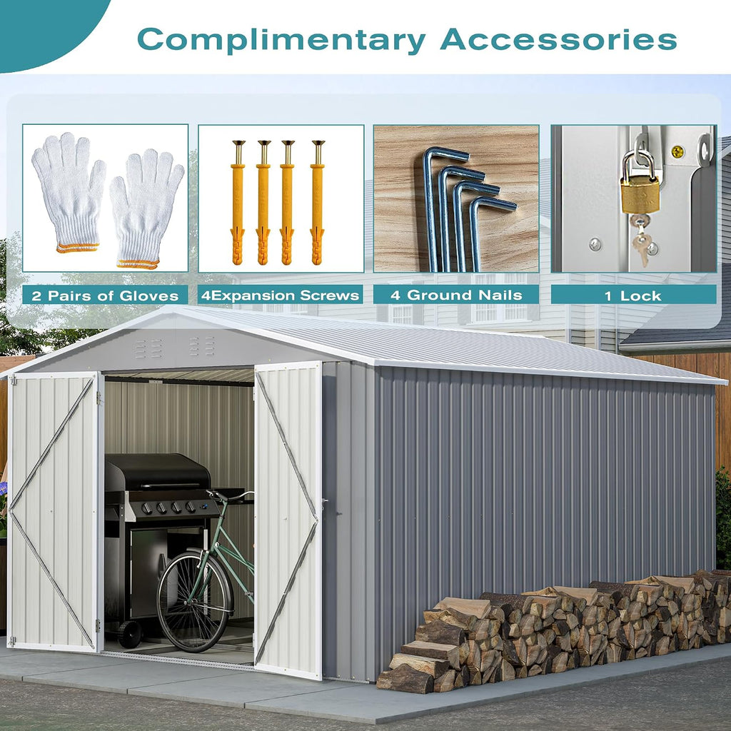 10 x 12 ft. Outdoor Storage Shed with Floor Frame Kit, Galvanized Steel Garden Shed, Metal ShedsGarden Tool Shed with Double Lockable Doors for Backyard Patio Lawn, Gray
