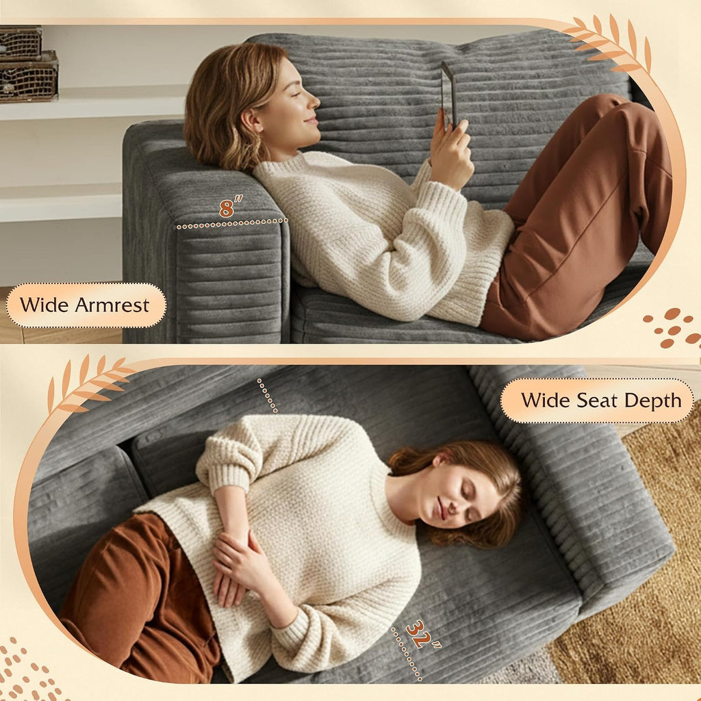 WLIVE 82'' Boneless Loveseat, Couches for Living Room, Bean Bag Couch for Adults, with Pillows, Giant Floor Couch, Plush Sofa, Grey, Loveseat