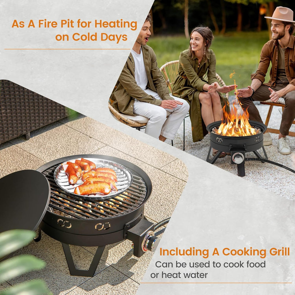 Giantex Portable Propane Fire Pit, 17' Small Outdoor Fire Bowl w/Foldable Legs, Round Fireplace with Lid, Removable Grill, Carry Bag, Lava Rocks, 58000 BTU Smokeless Gas Firepit for Outdoor Camping
