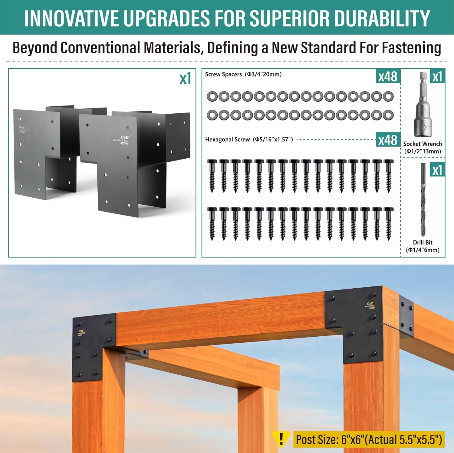 2 Pack 6''x6'' (Actual Size 5.5''x5.5'') Heavy Duty Stainless Steel Corner Post Caps Tie Bracket, Fit Connecting Wood Gazebo, Deck Patio Post and Wood Beams Bracket. (Black)