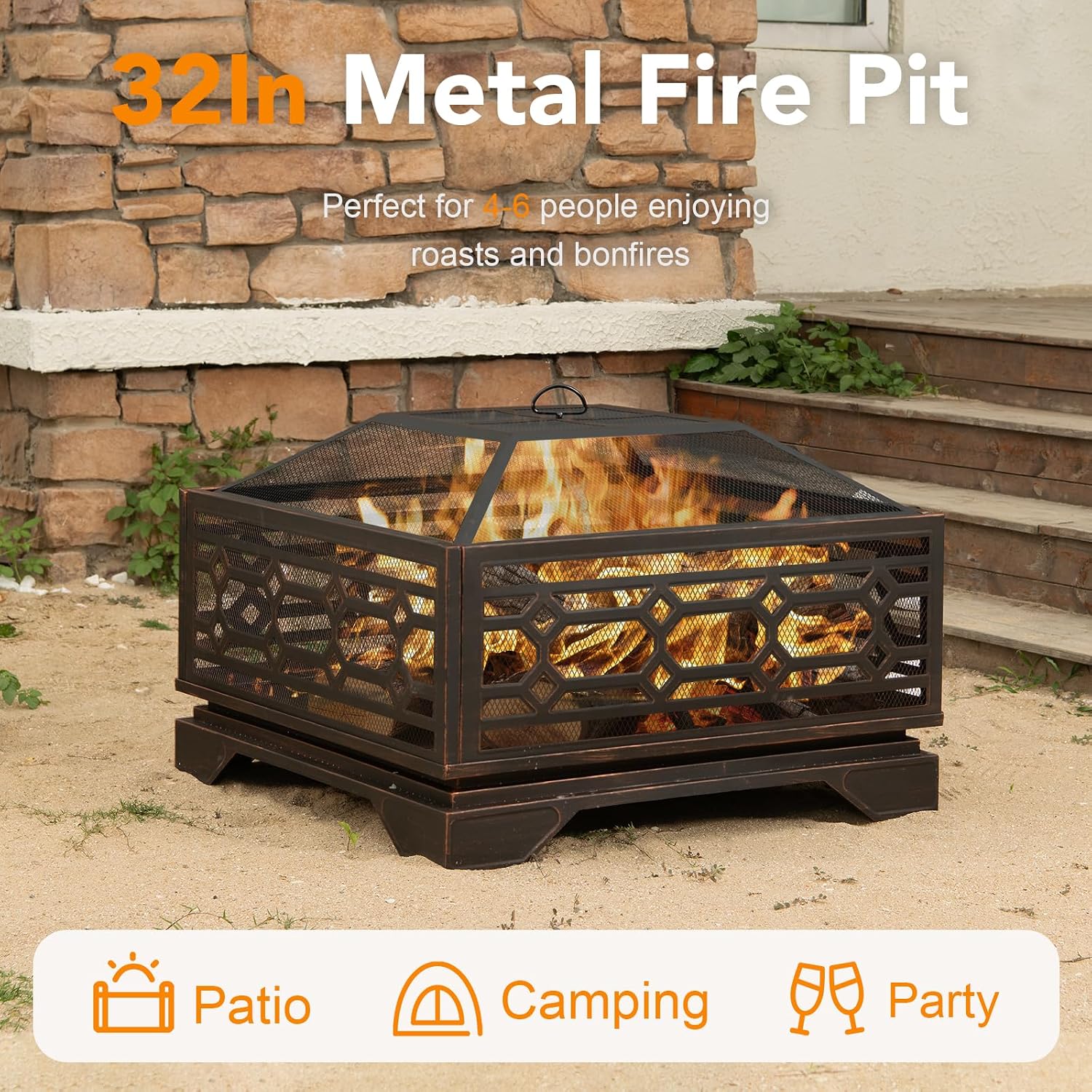 Florise Outdoor Fire Pit, 32 Inch Wood Burning Firepit for Outside with Mesh Cover & Fire Poker, Large Square Metal Fireplace for Patio, Backyard, Garden, Bonfire Party
