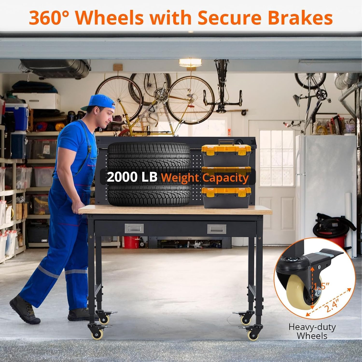 48' Adjustable Workbench with Wheels, 2000 LB Capacity, Power Outlets, Solid Hardwood Top, Heavy Duty Garage Work Table for Workshop, Home Office, DIY