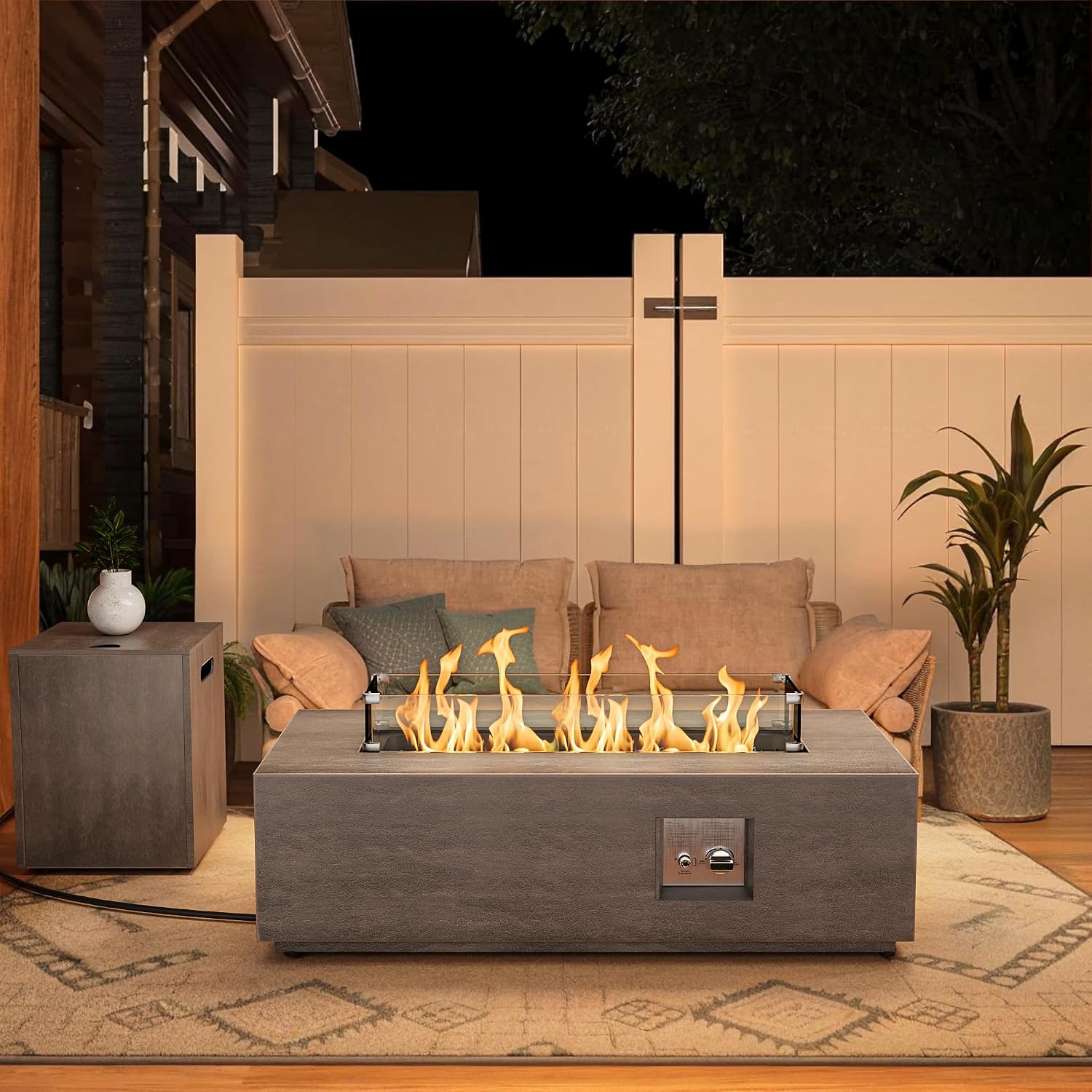 Dineli 2-Piece Outdoor Propane Fire Pit Table Set w Tank Table 42'' Rectangular Firepit Gas Fire Pits for Outside Patio Fire Table Tabletop Fire Pits, 50,000 BTU, Gray