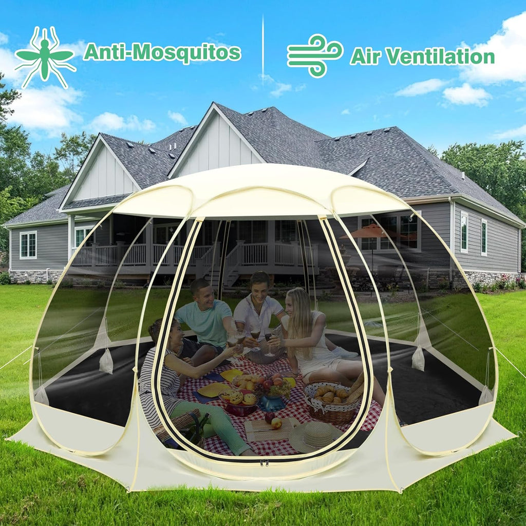 12x12Ft Pop-Up Canopy Screen House Tent - Outdoor Screen Room with 10 Mesh Side Panels Not Waterproof, Includes Carrying Bag - Fit 8-10 Person