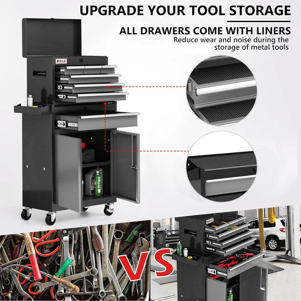 Tool Chest 7-Drawer | 40'' H Rolling Tool Chest with Wheels | Detachable Top Metal Tool Box | Garage Storage Cabinet for Repair Room,Warehouse | Rolling Tool Box with Hooks,Liners,Tray Divider | Black