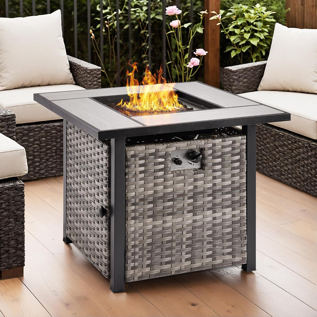 OVIOS 30' Outdoor Propane Fire Pit Table, 50,000 BTU PE Rattan Weaved Firepits with Ceramic Tabletop, Waterproof Cover, Steel Lid, Lava Rock for Patio Deck Garden, Grey