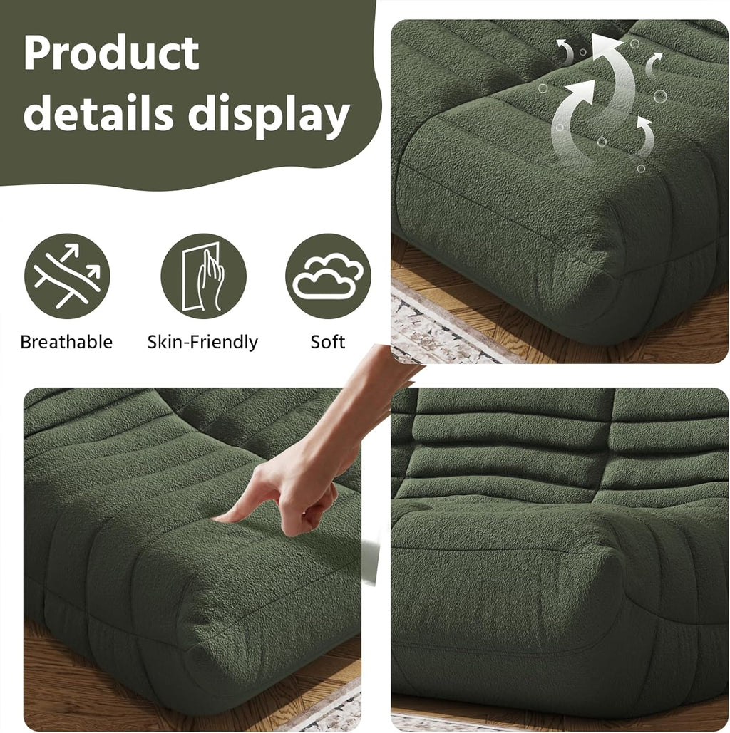 Giant Loveseat Boneless Bean Bag Chair for Adults - Teddy Fleece Fireside Accent Chair with Memory Foam, Comfy Lazy Floor Sofa Couch Chaise Lounge for Living Room Bedroom Theater, 2 Seater, Green
