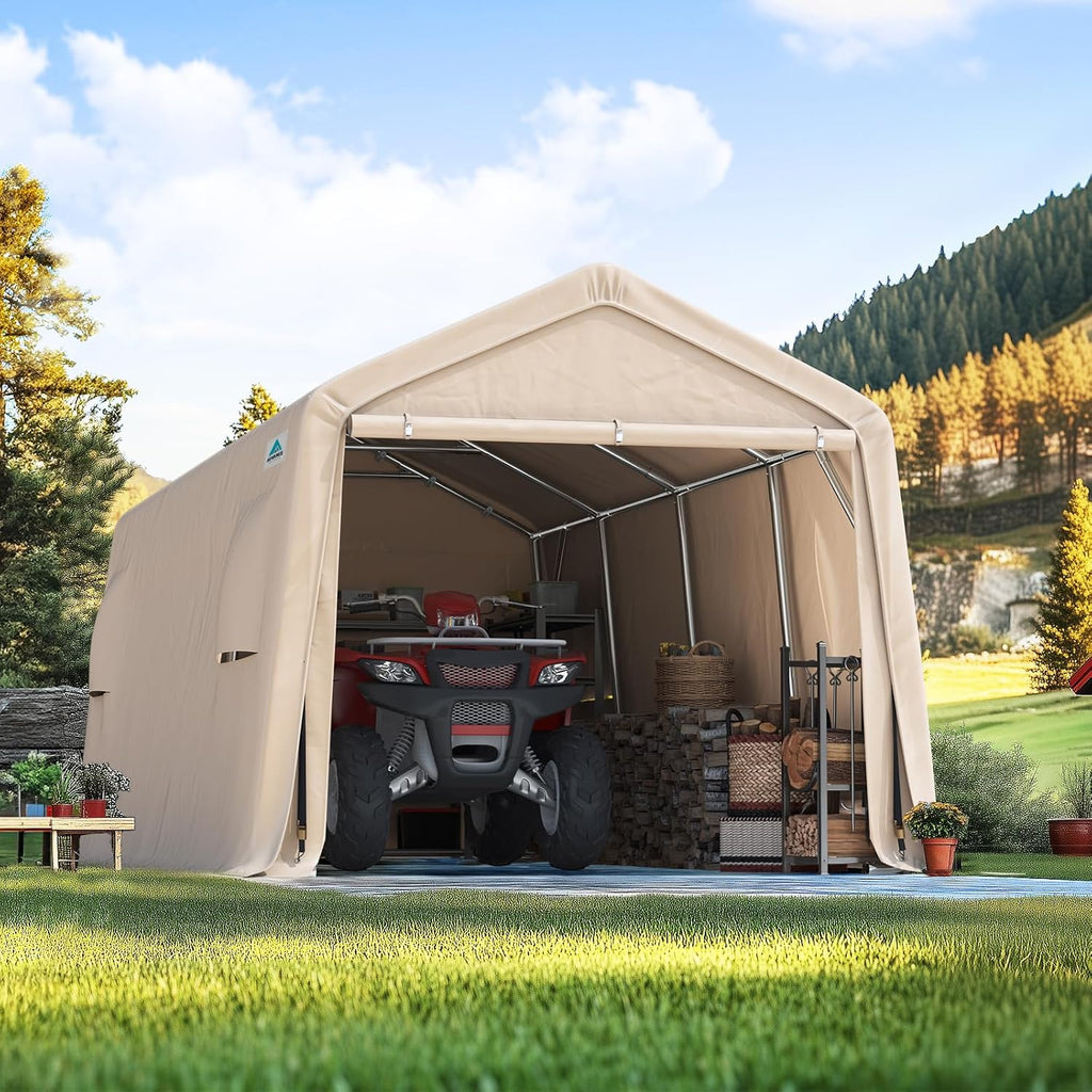ADVANCE OUTDOOR Heavy Duty 10X20 ft Carport Outdoor Patio Portable Canopy Storage Shelter Shed with 2 Rolled up Zipper Doors & Vents for Snowmobile Garden Tools, Beige