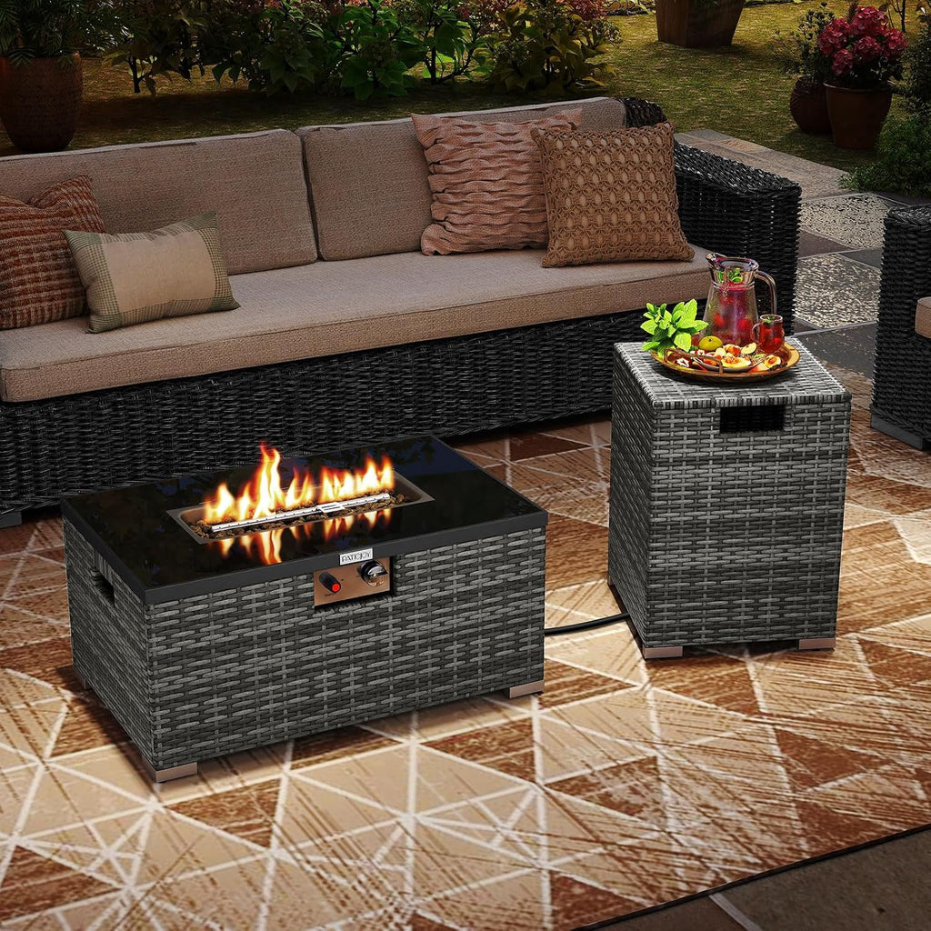 Tangkula 2 Piece Propane Fire Pit Table Set with Tank Cover, Outdoor Rattan Gas Firepit with Lid, Tempered Glass Tabletop, Protective Cover, 40,000 BTU Rectangle Fire Table Set for Outside (Mix Gray)