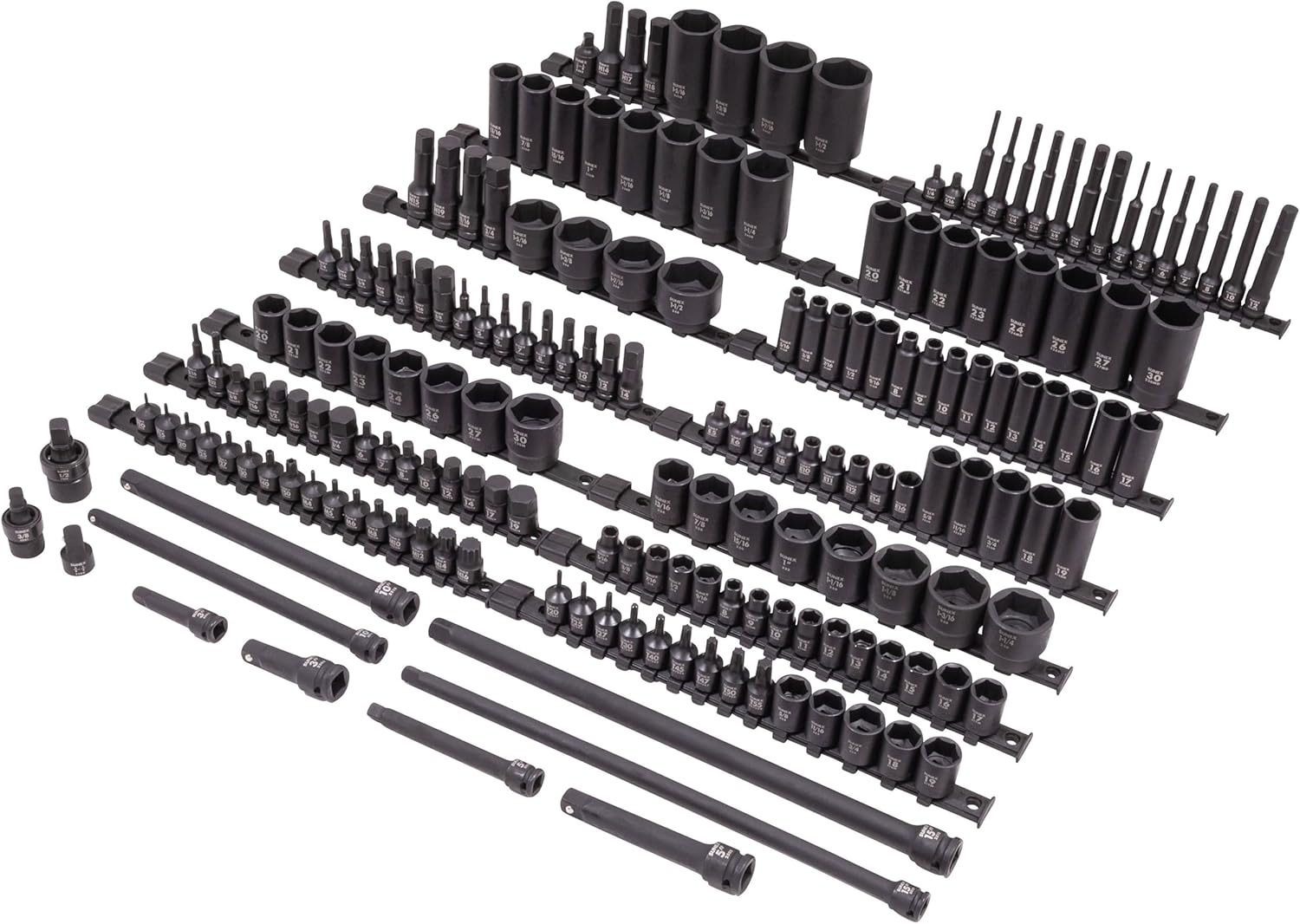 SUNEX 10181 3/8' & 1/2' Drive SAE & Metric 6 Point Standard & Deep with Star (E and Tamperproof), Triple Square, & Hex Bit, 181-Piece