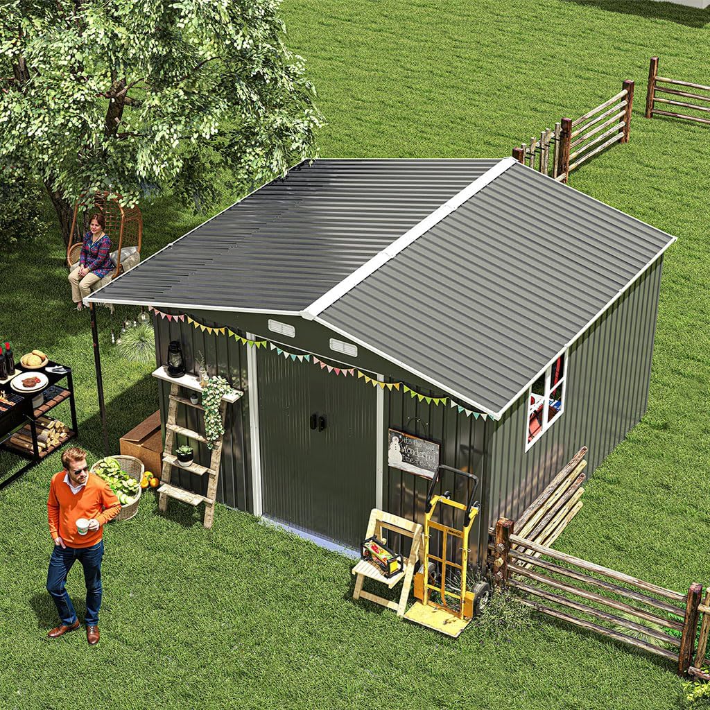 10×12 FT Extra-Large Outdoor Storage Shed with Firewood Bay, Waterproof Metal Garden Shed with Sliding Doors, Ramp, 4 Windows, Vents & Galvanized Steel Panels for Backyard, Lawn & Patio Tool Storage