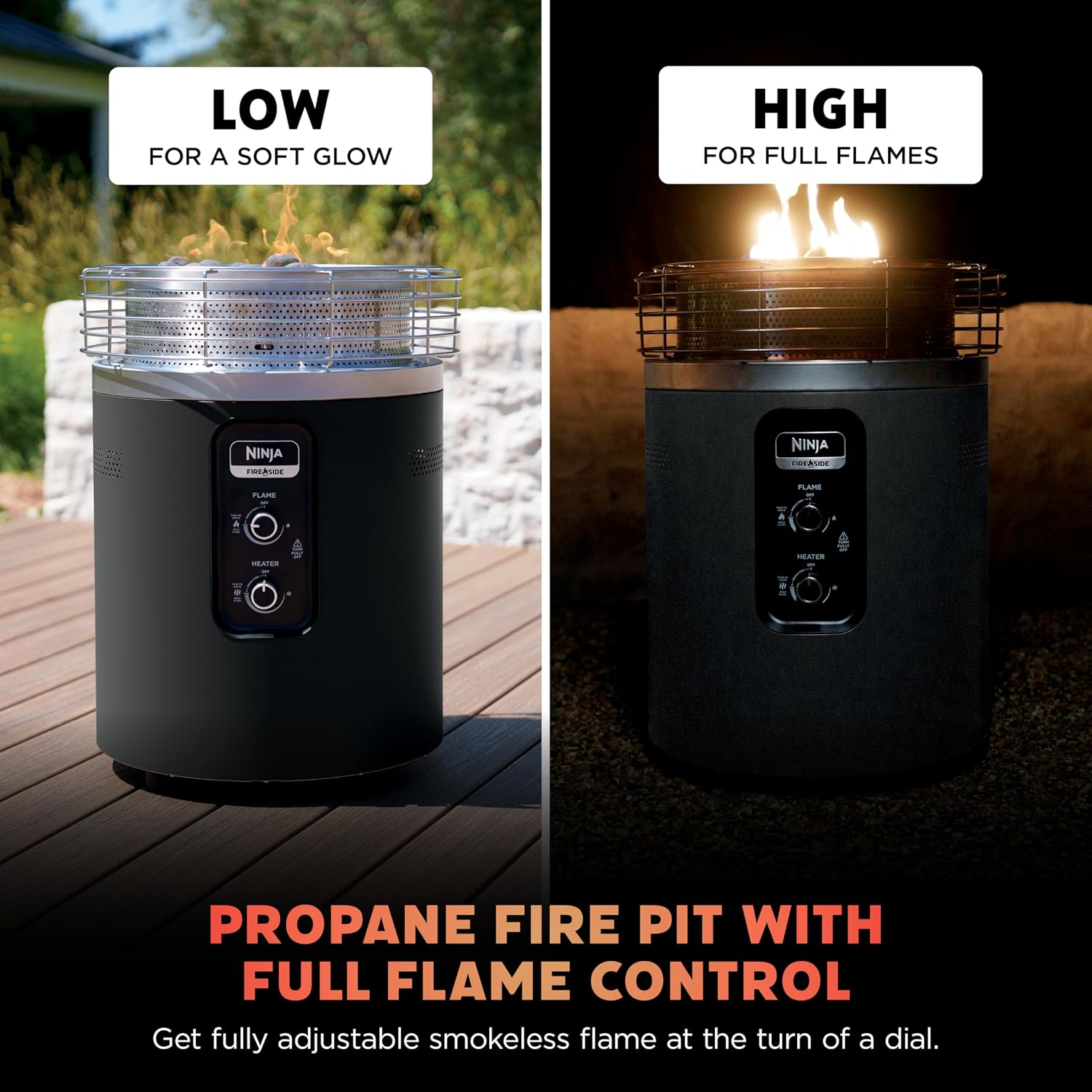 Ninja Fireside360™ Outdoor Heater & Fire Pit | 3 Modes: Flame, Heat, Flame & Heat | Portable for Patio, Deck, Camping, Beach | Easy Control Smokeless Flames | Push to Start Ignition | Black | OF101BK