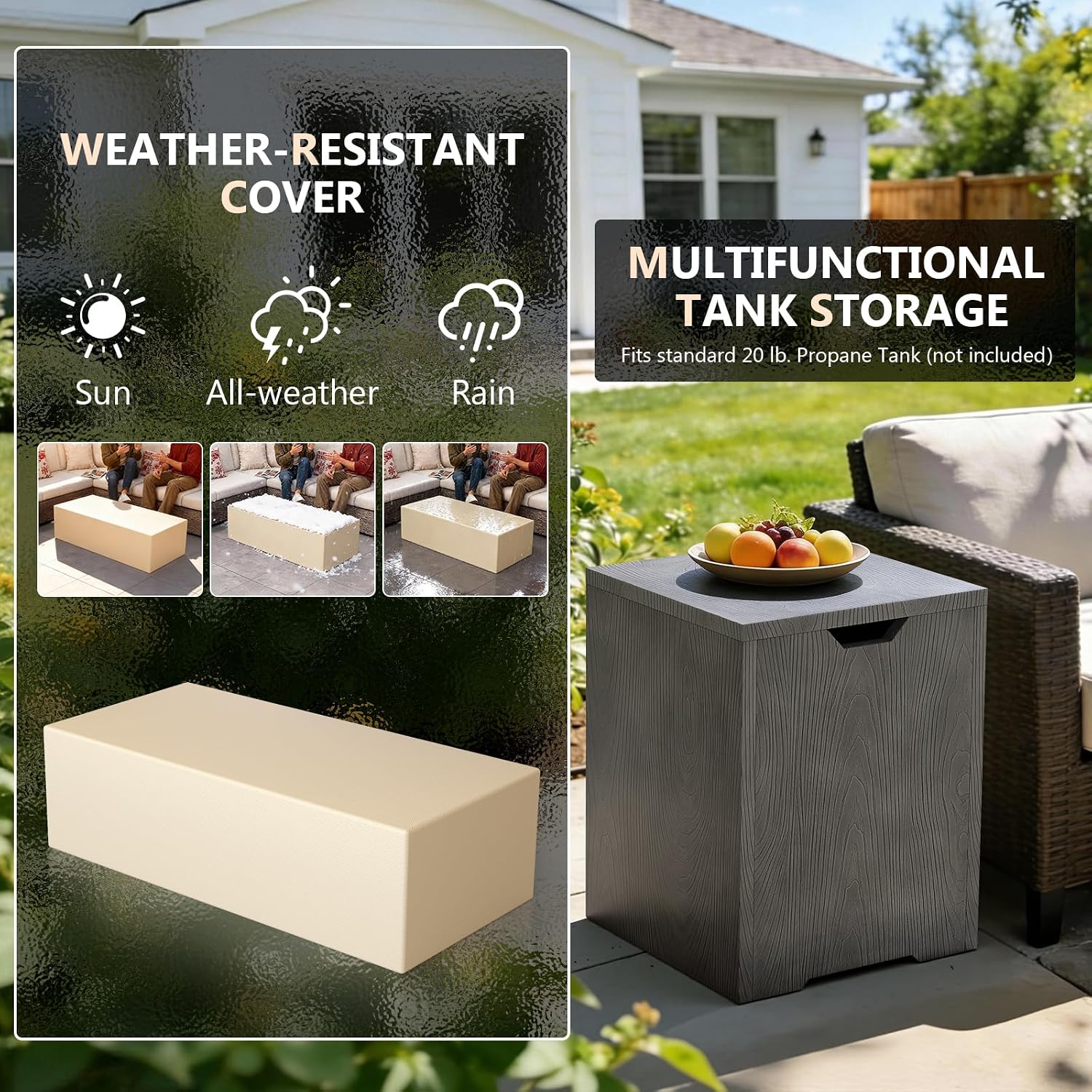 Dineli 2-Piece Outdoor Propane Fire Pit Table Set w Tank Table 42'' Rectangular Firepit with 50,000 BTU Output Gas Fire Pits for Outside Patio Fire Table Tabletop Fire Pits, Gray - Wood Grain