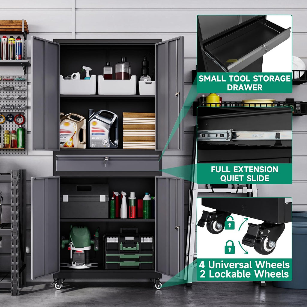 Letaya Metal Garage Storage Cabinet with Wheels,72' Rolling Tool Cabinet with 4 Door Lock-Adjustable Shelves and Drawer for Garage Home Office Utility Room (Black&Gray with Wheels)