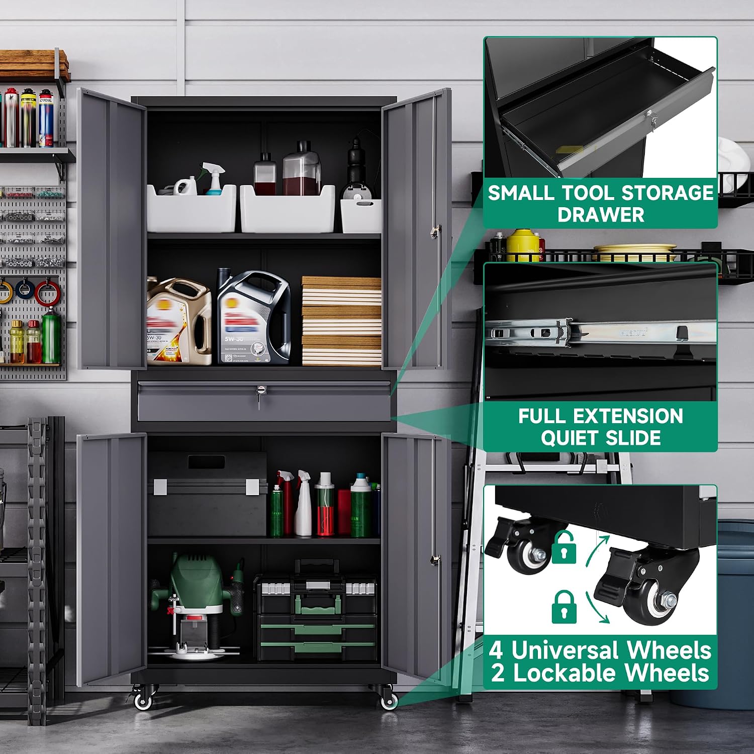 Letaya Metal Garage Storage Cabinet with Wheels,72' Rolling Tool Cabinet with 4 Door Lock-Adjustable Shelves and Drawer for Garage Home Office Utility Room (Black&Gray with Wheels)