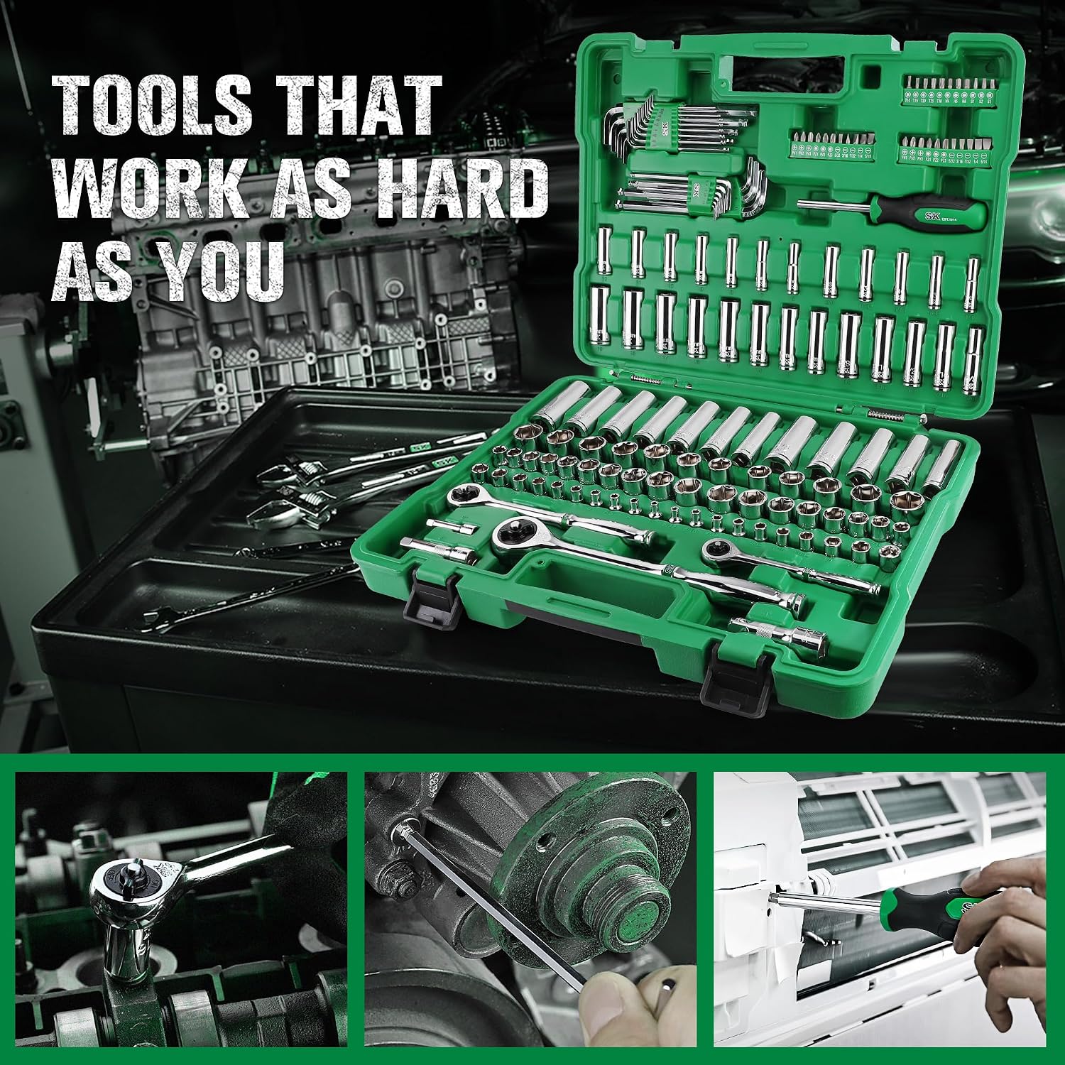 SK Mechanics Tool Set, 1/4' & 3/8' & 1/2' Drive Socket with 216-P Ratchet, 149-Piece, SAE & Metric, SuperKrome Finish, with Storage Suitcase
