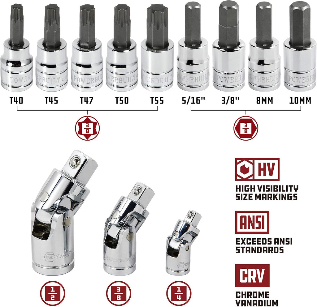 Powerbuilt 200 Piece 1/4-inch, 3/8-inch, and 1/2-inch Drive Mechanics Tool Set - with SAE and Metric Socket Set, Powerbuilt XT 90 Tooth Seal-Head Ratchets, including Case - 642472