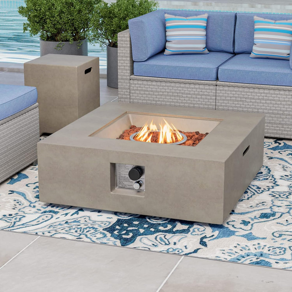 COSIEST 2-Piece Outdoor Propane Fire Pit Table Set w Tank, Gray Faux Stone 35 inch Square Fire Table w 50,000 BTU Stainless Steel Burner, w Metal Lid 20lb Hideway Tank for Garden, Porch