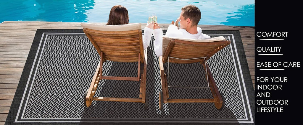 Gertmenian Indoor/Outdoor Flatweave Area Rug - 6x9 Medium, Stain & UV Resistant, Ideal for Deck, Patio, Poolside, Mudroom - Simple Border, Black Nut Brown, 22225