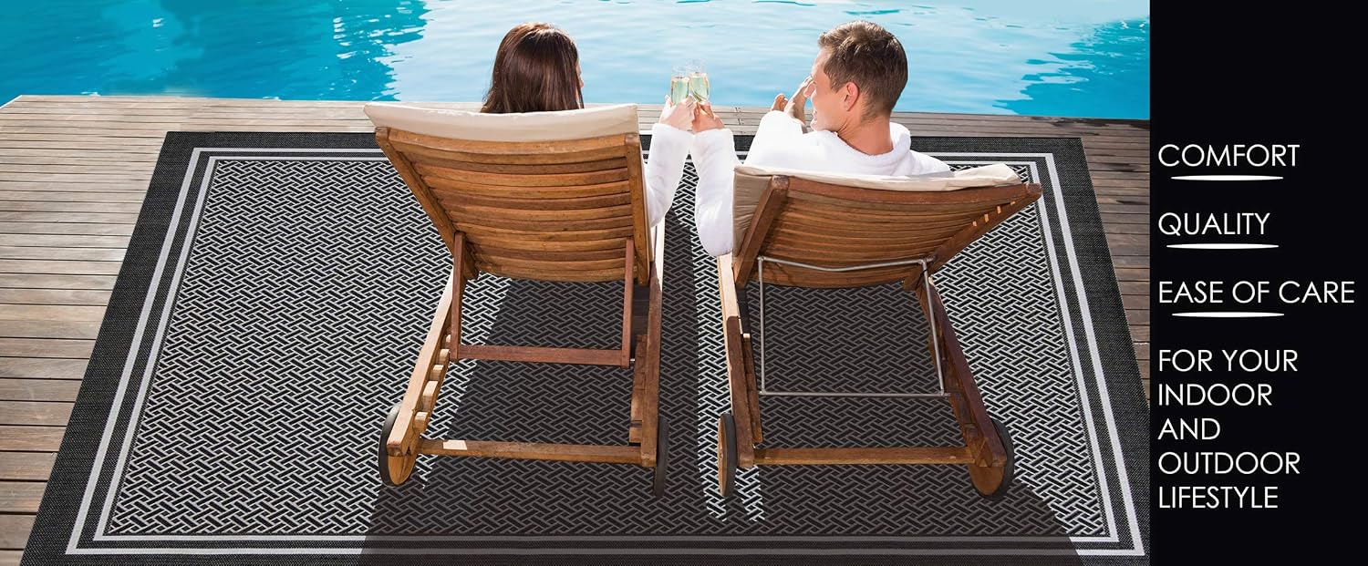 Gertmenian Indoor/Outdoor Flatweave Area Rug - 6x9 Medium, Stain & UV Resistant, Ideal for Deck, Patio, Poolside, Mudroom - Simple Border, Black Nut Brown, 22225